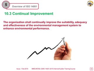 Overview of ISO 14001
5
10.3 Continual Improvement
The organisation shall continually improve the suitability, adequacy
and effectiveness of the environmental management system to
enhance environmental performance.
Issue : Feb 2019 MMC/INTAS- EMS 14001:2015 Internal Auditor TrainingCourse 31
 