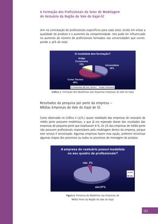 A Formação dos Profissionais do Setor de Modelagem
do Vestuário da Região do Vale do Itajaí–SC

tem na contratação de profissionais específicos para cada setor, tendo em vistas a
qualidade do produto e o aumento da competitividade. Isto pode ter influenciado
no aumento do número de profissionais formados nas universidades que corresponde a 36% do total.

O modelista tem formação?
Antiga
Constureira
15%

Universitária
36%
c

Curso Técnico
49%
Universitária

Curso Técnico

Antiga Constureira

Gráfico 5. Formação dos Modelistas das Pequenas Empresas do Vale do Itajaí

Resultados da pesquisa por porte da empresa —
Médias Empresas do Vale do Itajaí de SC
Como observado no Gráfico 6 (97%,) quase totalidade das empresas do vestuário de
médio porte possuem modelistas, o que já era esperado diante dos resultados das
empresas de pequeno porte que totalizaram 81%. Os 3% das empresas de médio porte
não possuem profissionais responsáveis pela modelagem dentro da empresa, porque
este serviço é terceirizado. Algumas empresas fazem esta opção, preferem terceirizar
algumas etapas dos processos ou todos os processos de montagem do produto.
A empresa do vestuário possui modelista
no seu quadro de profissionais?
não 3%
sim
não

sim 97%
Figura 6. Presença do Modelista nas Empresas de
Médio Porte da Região do Vale do Itajaí

561

 