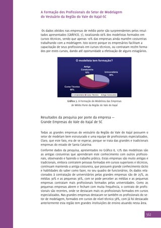 A Formação dos Profissionais do Setor de Modelagem
do Vestuário da Região do Vale do Itajaí–SC

Os dados obtidos nas empresas de médio porte são surpreendentes pelos resultados apresentados (GRÁFICO, 7), totalizando 66% dos modelistas formados em
cursos técnicos, sendo que apenas 10% das empresas ainda mantém costureiras
trabalhando com a modelagem. Isto ocorre porque os empresários facilitam a
capacitação de seus profissionais em cursos técnicos, ou contratam recém formados por estes cursos, dando até oportunidade a efetivação de alguns estagiários.
O modelista tem formação?
Antiga
Constureira
10%

Universitária
30%

Curso Técnico
60%
Universitária

Curso Técnico

Antiga Constureira

Gráfico 7. A Formação do Modelista das Empresas
de Médio Porte da Região do Vale do Itajaí

Resultados da pesquisa por porte da empresa —
Grande Empresas do Vale do Itajaí de SC
Todas as grandes empresas do vestuário da Região do Vale do Itajaí possuem o
setor de modelam bem estruturado e uma equipe de profissionais especializados.
Claro, que este fato, era de se esperar, porque se trata das grandes e tradicionais
empresas do estado de Santa Catarina.
Conforme dados da pesquisa, apresentados no Gráfico 8, 17% das modelistas são
as antigas costureiras que aprenderam este conhecimento com outros profissionais, observando e fazendo o trabalho prático. Estas empresas são muito antigas e
tradicionais, embora contratem pessoas formadas em cursos superiores e técnicos,
continuam mantendo a antiga costureira, que possuem grande conhecimento tácito
e habilidades do saber como fazer, no seu quadro de funcionários. Os dados relacionados à contratação de universitários pelas grandes empresas são de 25%, as
médias 30% e as pequenas 36%, com se pode perceber as médias e as pequenas
empresas contratam mais profissionais formados pelas universidades. Como as
pequenas empresas abrem e fecham com muita frequência, o contrato de profissionais são recentes, onde se destacam mais os profissionais formados em cursos
especializados. Nas grandes empresas destacam-se também os profissionais do setor de modelagem, formados em cursos de nível técnico 58%, com já foi destacado
anteriormente esta região tem grandes instituições de ensino atuando nesta área.

562

 