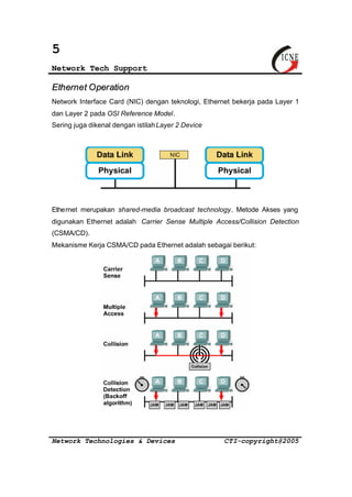 5 
Network Tech Support 
Ethernet Operation 
Network Interface Card (NIC) dengan teknologi, Ethernet bekerja pada Layer 1 
dan Layer 2 pada OSI Reference Model. 
Sering juga dikenal dengan istilah Layer 2 Device 
Ethernet merupakan shared-media broadcast technology. Metode Akses yang 
digunakan Ethernet adalah Carrier Sense Multiple Access/Collision Detection 
(CSMA/CD). 
Mekanisme Kerja CSMA/CD pada Ethernet adalah sebagai berikut: 
Network Technologies & Devices CTI-copyright@2005 
 