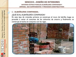 SENCICO – DISEÑO DE INTERIORES
SISTEMAS ESTRUCTURALES: ALBAÑILERÍA CONFINADA Y

Asignatura: Materiales y Procesos Constructivos I
Arq. Mg. Ms. Manuel Germán Lizarzaburu Aguinaga

ARMADA, SUS COMPONENTES Y PROCESOS CONSTRUCTIVOS

I.- ALBAÑILERIA CONFINADA.-

¿QUÉ ES AL ALBAÑILERÍA CONFINADA?
En este tipo de viviendas primero se construye el muro de ladrillo, luego se
procede a vaciar el concreto de las columnas de amarre y, finalmente, se
construye el techo en conjunto con las vigas.

 