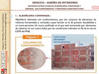 SENCICO – DISEÑO DE INTERIORES
SISTEMAS ESTRUCTURALES: ALBAÑILERÍA CONFINADA Y

Asignatura: Materiales y Procesos Constructivos I
Arq. Mg. Ms. Manuel Germán Lizarzaburu Aguinaga

ARMADA, SUS COMPONENTES Y PROCESOS CONSTRUCTIVOS

I.- ALBAÑILERIA CONFINADA.-

Albañilería reforzada con confinamientos, que son conjunto de elementos de
refuerzo horizontales y verticales, cuyas función es la de proveer ductibilidad a
un muro portante. Un muro confinado es el que está enmarcado por elementos
de refuerzo en sus cuatro lados, por las condiciones indicadas en E6 de la norma
E.070 del RNE.

 
