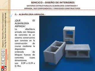 SENCICO – DISEÑO DE INTERIORES
SISTEMAS ESTRUCTURALES: ALBAÑILERÍA CONFINADA Y

Asignatura: Materiales y Procesos Constructivos I
Arq. Mg. Ms. Manuel Germán Lizarzaburu Aguinaga

ARMADA, SUS COMPONENTES Y PROCESOS CONSTRUCTIVOS

II.- ALBAÑILERIA ARMADA.-

¿QUÉ
ES
ALBAÑILERÍA
ARMADA?
La
albañilería
armada con bloques
de concreto es un
sistema constructivo
que consiste en la
construcción
de
muros mediante la
disposición
ordenada
de
bloques huecos de
concreto,
cuyas
dimensiones
son 0.39 x 0.19 x
0.19m.

 