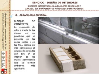 SENCICO – DISEÑO DE INTERIORES
SISTEMAS ESTRUCTURALES: ALBAÑILERÍA CONFINADA Y

Asignatura: Materiales y Procesos Constructivos I
Arq. Mg. Ms. Manuel Germán Lizarzaburu Aguinaga

ARMADA, SUS COMPONENTES Y PROCESOS CONSTRUCTIVOS

II.- ALBAÑILERIA ARMADA.-

BLOQUE
DE
CONCRETO
La transmisión de
calor a través de los
muros
es
un
problema que se
presenta en las
zonas cálidas y en
las frías, siendo así
más conveniente el
empleo de cavidades
con aire en el
interior
de
los
muros permitiendo
que
se
formen
ambientes
más
agradables.

 