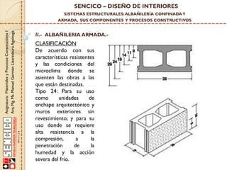SENCICO – DISEÑO DE INTERIORES
SISTEMAS ESTRUCTURALES: ALBAÑILERÍA CONFINADA Y

Asignatura: Materiales y Procesos Constructivos I
Arq. Mg. Ms. Manuel Germán Lizarzaburu Aguinaga

ARMADA, SUS COMPONENTES Y PROCESOS CONSTRUCTIVOS

II.- ALBAÑILERIA ARMADA.-

CLASIFICACIÓN
De acuerdo con sus
características resistentes
y las condiciones del
microclima donde se
asienten las obras a las
que están destinadas.
Tipo 24: Para su uso
como
unidades
de
enchape arquitectónico y
muros exteriores sin
revestimiento; y para su
uso donde se requiere
alta resistencia a la
compresión,
a
la
penetración
de
la
humedad y la acción
severa del frío.

 