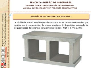 SENCICO – DISEÑO DE INTERIORES
SISTEMAS ESTRUCTURALES: ALBAÑILERÍA CONFINADA Y

Asignatura: Materiales y Procesos Constructivos I
Arq. Mg. Ms. Manuel Germán Lizarzaburu Aguinaga

ARMADA, SUS COMPONENTES Y PROCESOS CONSTRUCTIVOS

ALBAÑILERIA CONFINADA Y ARMADA.-

La albañilería armada con bloques de concreto es un sistema constructivo que
consiste en la construcción de muros mediante la disposición ordenada de
bloques huecos de concreto, cuyas dimensiones son 0.39 x 0.19 x 0.19m.

 