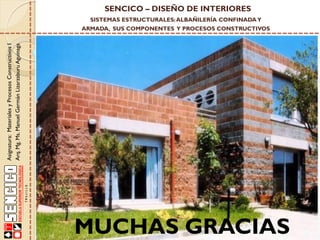 SENCICO – DISEÑO DE INTERIORES
SISTEMAS ESTRUCTURALES: ALBAÑILERÍA CONFINADA Y

Asignatura: Materiales y Procesos Constructivos I
Arq. Mg. Ms. Manuel Germán Lizarzaburu Aguinaga

ARMADA, SUS COMPONENTES Y PROCESOS CONSTRUCTIVOS

MUCHAS GRACIAS

 
