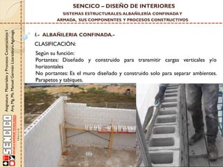 SENCICO – DISEÑO DE INTERIORES
SISTEMAS ESTRUCTURALES: ALBAÑILERÍA CONFINADA Y

Asignatura: Materiales y Procesos Constructivos I
Arq. Mg. Ms. Manuel Germán Lizarzaburu Aguinaga

ARMADA, SUS COMPONENTES Y PROCESOS CONSTRUCTIVOS

I.- ALBAÑILERIA CONFINADA.-

CLASIFICACIÓN:
Según su función:
Portantes: Diseñado y construido para transmitir cargas verticales y/o
horizontales
No portantes: Es el muro diseñado y construido solo para separar ambientes.
Parapetos y tabiques.

 
