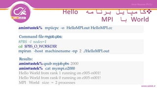 ‫برنامه‬ ‫کامپایل‬Hello
World‫با‬MPI
amin@astek% mpiicpc -o HelloMPI.out HelloMPI.cc
#PBS -l nodes=1
cd $PBS_O_WORKDIR
mpirun -host machinename -np 2 ./HelloMPI.out
amin@astek% qsub myjob.pbs 2000
amin@astek% cat mympi.o2000
Hello World from rank 1 running on c005-n001!
Hello World from rank 0 running on c005-n001!
MPI World size = 2 processes
Command file myjob.pbs:
Results:
 