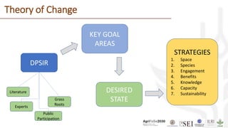 Theory of Change
DPSIR
Literature
Experts
Public
Participation
Grass
Roots
KEY GOAL
AREAS
DESIRED
STATE
STRATEGIES
1. Space
2. Species
3. Engagement
4. Benefits
5. Knowledge
6. Capacity
7. Sustainability
 