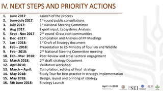 IV. NEXT STEPS AND PRIORITY ACTIONS
1. June 2017: Launch of the process
2. June-July 2017: 1st round public consultations
3. July 2017: 1st National Steering Committee
4. Aug 2017: Expert input; Ecosystems Analysis
5. Sept - Nov 2017: 2nd round :Grass root communities
6. Dec -2017: Compilation and Analysis of PP Meetings
7. Jan - 2018: 1st Draft of Strategy document
8. Feb – 2018: Presentation to CS Ministry of Tourism and Wildlife
9. Feb - 2018: 2nd National Steering Committee meeting
10. Feb - Mar 2018: Peer Review and cross sectoral engagement
11. March 2018: 2nd draft strategy Document
12. April2018: Validation workshop
13. March – April: Compilation, editing of final strategy
14. May 2018: Study Tour for best practice in strategy implementation
15. May 2018: Design, layout and printing of strategy
16. 5th June 2018: Strategy Launch
 