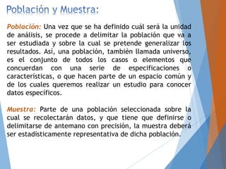 Población: Una vez que se ha definido cuál será la unidad
de análisis, se procede a delimitar la población que va a
ser estudiada y sobre la cual se pretende generalizar los
resultados. Así, una población, también llamada universo,
es el conjunto de todos los casos o elementos que
concuerdan con una serie de especificaciones o
características, o que hacen parte de un espacio común y
de los cuales queremos realizar un estudio para conocer
datos específicos.
Muestra: Parte de una población seleccionada sobre la
cual se recolectarán datos, y que tiene que definirse o
delimitarse de antemano con precisión, la muestra deberá
ser estadísticamente representativa de dicha población.
 