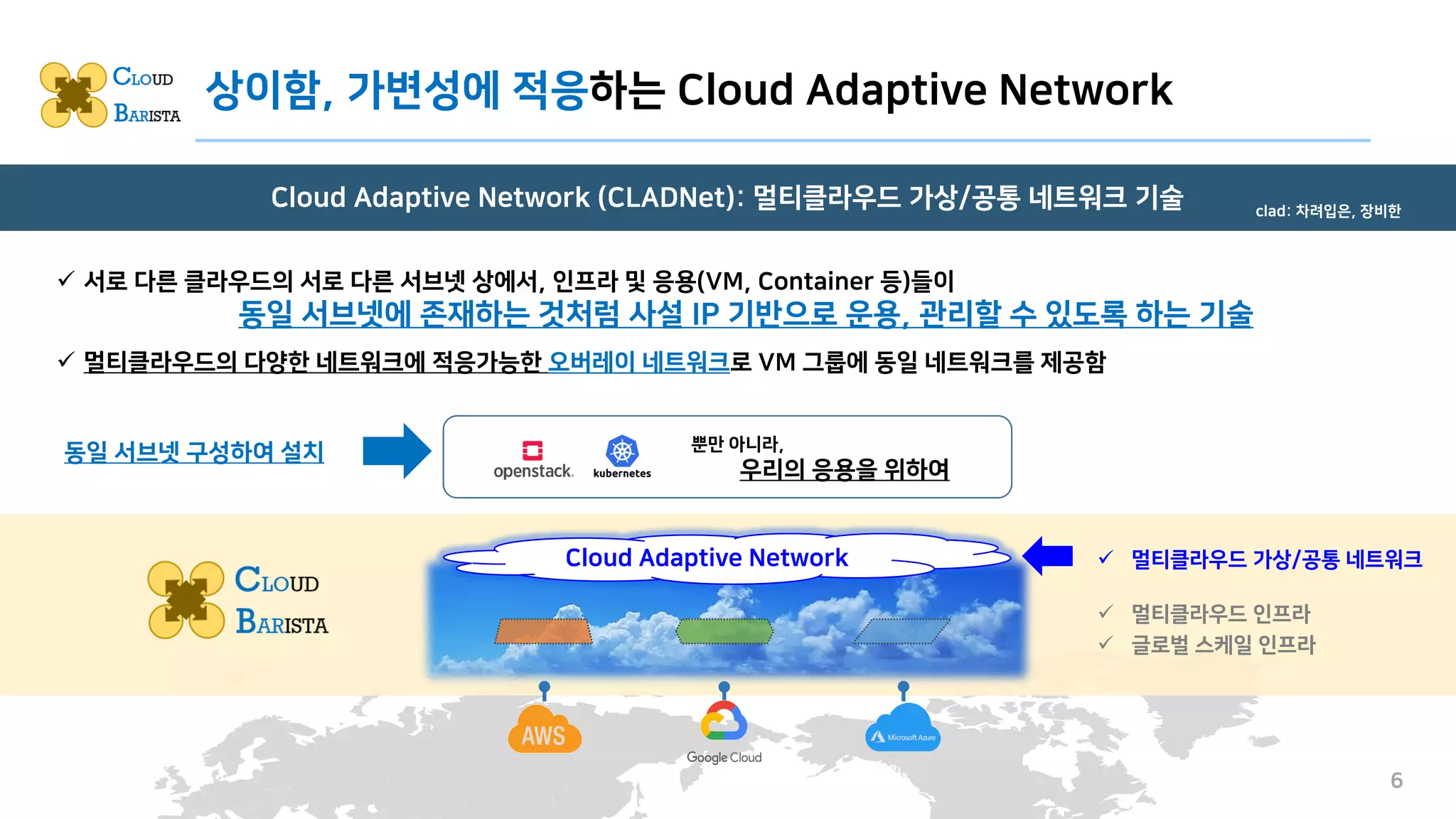 상이함, 가변성에 적응하는 Cloud Adaptive Network
Cloud Adaptive Network (CLADNet): 멀티클라우드 가상/공통 네트워크 기술
6
clad: 차려입은, 장비한
뿐만 아니라,
우리의 응용을 위하여
동일 서브넷 구성하여 설치
✓ 멀티클라우드 인프라
✓ 글로벌 스케일 인프라
✓ 멀티클라우드 가상/공통 네트워크
Cloud Adaptive Network
✓ 서로 다른 클라우드의 서로 다른 서브넷 상에서, 인프라 및 응용(VM, Container 등)들이
동일 서브넷에 존재하는 것처럼 사설 IP 기반으로 운용, 관리할 수 있도록 하는 기술
✓ 멀티클라우드의 다양한 네트워크에 적응가능한 오버레이 네트워크로 VM 그룹에 동일 네트워크를 제공함
 