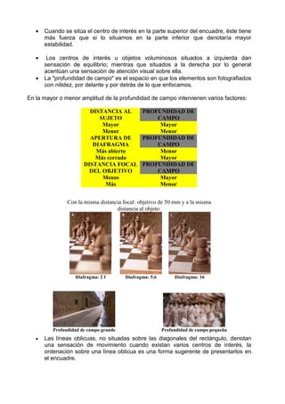 •   Cuando se sitúa el centro de interés en la parte superior del encuadre, éste tiene
       más fuerza que si lo situamos en la parte inferior que denotaría mayor
       estabilidad.

   •    Los centros de interés u objetos voluminosos situados a izquierda dan
       sensación de equilibrio; mientras que situados a la derecha por lo general
       acentúan una sensación de atención visual sobre ella.
   •   La "profundidad de campo" es el espacio en que los elementos son fotografiados
       con nitidez, por delante y por detrás de lo que enfocamos.

En la mayor o menor amplitud de la profundidad de campo intervienen varios factores:

                         DISTANCIA AL  PROFUNDIDAD DE
                            SUJETO         CAMPO
                             Mayor          Mayor
                             Menor          Menor
                         APERTURA DE   PROFUNDIDAD DE
                          DIAFRAGMA        CAMPO
                           Más abierto      Menor
                           Más cerrado      Mayor
                       DISTANCIA FOCAL PROFUNDIDAD DE
                         DEL OBJETIVO      CAMPO
                             Menos          Mayor
                              Más           Menor


                Con la misma distancia focal: objetivo de 50 mm y a la misma
                                    distancia al objeto.




                   Diafragma: 2 f       Diafragma: 5.6        Diafragma: 16




          Profundidad de campo grande                    Profundidad de campo pequeña
   •   Las líneas oblicuas, no situadas sobre las diagonales del rectángulo, denotan
       una sensación de movimiento cuando existan varios centros de interés, la
       ordenación sobre una línea oblicua es una forma sugerente de presentarlos en
       el encuadre.
 