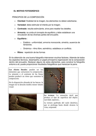 EL MOTIVO FOTOGRÁFICO


    PRINCIPIOS DE LA COMPOSICIÓN

       •   Claridad: finalidad de la imagen, los elementos no deben estorbarse.
       •   Variedad: debe estimular el interés por la imagen.
       •   Contraste: resulta estimulante, sirve para resaltar los detalles.
       •   Armonía: va unida al concepto de equilibrio y debe establecer una
           vinculación de las diversas partes del encuadre.
       •   Equilibrio :
               o   Estático - uniformidad, armonía monocorde, simetría, ausencia de
                   tensiones.
               o   Dinámico - ritmo libre, asimétrico, establece un conflicto.
       •   Ritmo : repetición de las formas

En la obtención de una buena fotografía intervienen muchos factores. Además de todos
los aspectos técnicos, desempeña un papel principal la organización de la composición
dentro del encuadre. Destacar alguno de estos elementos, para construir la fotografía
entorno a él, puede proporcionar resultados fotográficos que merezcan la pena.

Los efectos lineales: pueden ser los
elementos que estructuren la composición.
La armonía o el contraste de las líneas
pueden producir un ritmo que sustenten la
composición.
Sin la disposición alineada de las barcas, la
imagen de la derecha tendría menor interés
visual.



                                                La textura: La sensación táctil que
                                                produce el tipo de superficie del objeto:
                                                suavidad, aspereza...
                                                La textura quebrada del suelo desértico,
                                                que se prolonga hasta donde alcanza la
                                                vista, sorprende.
 