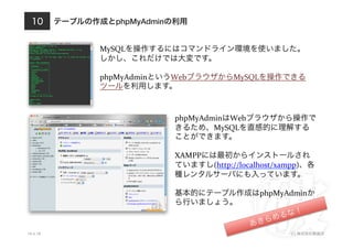 テーブルの作成とphpMyAdminの利用
10.4.18 (C) 株式会社破滅派
10
MySQLを操作するにはコマンドライン環境を使いました。	
  
しかし、これだけでは大変です。	
  
phpMyAdminというWebブラウザからMySQLを操作できる
ツールを利用します。	
  
phpMyAdminはWebブラウザから操作で
きるため、MySQLを直感的に理解する
ことができます。	
  
XAMPPには最初からインストールされ
ていますし(http://localhost/xampp)、各
種レンタルサーバにも入っています。	
  
基本的にテーブル作成はphpMyAdminか
ら行いましょう。	
  
あきらめるな！
 