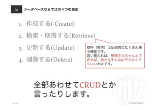 データベースならではの４つの技術
10.4.18 (C) 株式会社破滅派
5
取得（検索）は圧倒的にたくさん使
う機能です。	
  
言い換えれば、検索さえちゃんとで
きれば、あとはそんなにやらなくて
もいいわけです。
1.  作成する(	
  Create)	
  
2.  検索・取得する(Retrieve)	
  
3.  更新する(Update)	
  
4.  削除する(Delete)	
  
全部あわせてCRUDとか
言ったりします。
 