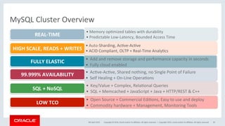 Copyright	©	2016,	Oracle	and/or	its	aﬃliates.	All	rights	reserved.		|	
MySQL	Cluster	Overview	
• Memory	opOmized	tables	with	durability	
• Predictable	Low-Latency,	Bounded	Access	Time	REAL-TIME	
• Auto-Sharding,	AcOve-AcOve	
• ACID	Compliant,	OLTP	+	Real-Time	AnalyOcs	HIGH	SCALE,	READS	+	WRITES	
FULLY	ELASTIC	
•  AcOve-AcOve,	Shared	nothing,	no	Single	Point	of	Failure	
•  Self	Healing	+	On-Line	OperaOons	
99.999%	AVAILABILITY	
•  Key/Value	+	Complex,	RelaOonal	Queries	
•  SQL	+	Memcached	+	JavaScript	+	Java	+	HTTP/REST	&	C++	
SQL	+	NoSQL	
•  Open	Source	+	Commercial	EdiOons,	Easy	to	use	and	deploy	
•  Commodity	hardware	+	Management,	Monitoring	Tools	
LOW	TCO	
9th	April	2015	 Copyright	2015,	oracle	and/or	its	aﬃliates.	All	rights	reserved	 29	
•  Add	and	remove	storage	and	performance	capacity	in	seconds	
•  Fully	cloud	enabled	
 