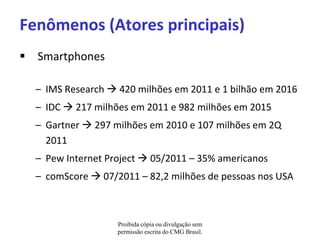 Fenômenos (Atores principais)
 Smartphones

  – IMS Research  420 milhões em 2011 e 1 bilhão em 2016
  – IDC  217 milhões em 2011 e 982 milhões em 2015
  – Gartner  297 milhões em 2010 e 107 milhões em 2Q
    2011
  – Pew Internet Project  05/2011 – 35% americanos
  – comScore  07/2011 – 82,2 milhões de pessoas nos USA



                   Proibida cópia ou divulgação sem
                   permissão escrita do CMG Brasil.
 
