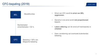 30
CFC-bepaling (2019)
• Winst van CFC wordt in winst van BEL
opgenomen.
• Opname in de winst wordt niet proportioneel
beperkt.
• Latere uitkering van de winst (of meerwaarde) is
onbelast
• Geen verrekening van eventuele buitenlandse
belasting.
BEL
CFC
Rechtstreeks/
onrechtstreeks > 50 %
Sleutelfuncties
Belasting ˂ 50% van
Belgische belasting
 