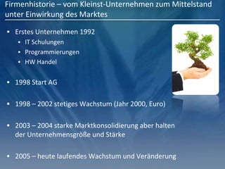 Firmenhistorie – vom Kleinst-Unternehmen zum Mittelstand
unter Einwirkung des Marktes
 Erstes Unternehmen 1992
 IT Schulungen
 Programmierungen
 HW Handel
 1998 Start AG
 1998 – 2002 stetiges Wachstum (Jahr 2000, Euro)
 2003 – 2004 starke Marktkonsolidierung aber halten
der Unternehmensgröße und Stärke
 2005 – heute laufendes Wachstum und Veränderung
 