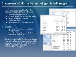 Steuerungsmöglichkeiten nur eingeschränkt möglich
 Kritik an der Aussagefähigkeit des
herkömmlichen Jahresabschlusses
 Vergangenheitsorientiert
 Unzureichende Darstellung von Risiken
 Keine Darstellung künftiger
Erfolgspotentiale
 Keine Korrelation zwischen Werten
 Gründe
 Fehlende Information über „Wert-
Erfolgstreiber“
 Vermehrte Ansprüche von Stakeholdern
(Aktionäre, Banken, etc.)
 Steuerung durch Zahlen fast nicht oder
nur mit großer und manchmal zu später
Verzögerung möglich. Großteil keine
Entscheidungen oder wenn
Bauchentscheidungen.
 