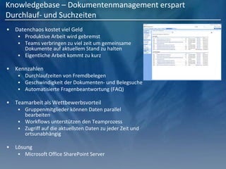 Knowledgebase – Dokumentenmanagement erspart
Durchlauf- und Suchzeiten
 Datenchaos kostet viel Geld
 Produktive Arbeit wird gebremst
 Teams verbringen zu viel zeit um gemeinsame
Dokumente auf aktuellem Stand zu halten
 Eigentliche Arbeit kommt zu kurz
 Kennzahlen
 Durchlaufzeiten von Fremdbelegen
 Geschwindigkeit der Dokumenten- und Belegsuche
 Automatisierte Fragenbeantwortung (FAQ)
 Teamarbeit als Wettbewerbsvorteil
 Gruppenmitglieder können Daten parallel
bearbeiten
 Workflows unterstützen den Teamprozess
 Zugriff auf die aktuellsten Daten zu jeder Zeit und
ortsunabhängig
 Lösung
 Microsoft Office SharePoint Server
 