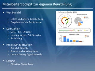Mitarbeitercockpit zur eigenen Beurteilung
 Wer bin ich?
 Letzte und offene Bearbeitung
 Eingehen auf die Bedürfnisse
 Kennzahlen
 SOLL – IST, Effizienz
 Leistungsarten, Zeit-Struktur
 Ausbildung
 HR als MA Motivation
 Bin ich Effizient?
 Bonus- und Anreizsystem
 Unterstützung Eigenkontrolle
 Lösung
 QlikView, Share Point
 