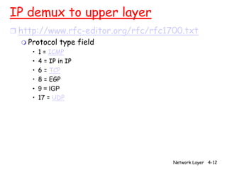 IP demux to upper layer
r http://www.rfc-editor.org/rfc/rfc1700.txt
   m Protocol type field
     •   1 = ICMP
     •   4 = IP in IP
     •   6 = TCP
     •   8 = EGP
     •   9 = IGP
     •   17 = UDP




                                     Network Layer 4-12
 