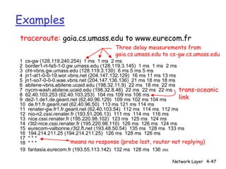 Examples
traceroute: gaia.cs.umass.edu to www.eurecom.fr
                                    Three delay measurements from
                                    gaia.cs.umass.edu to cs-gw.cs.umass.edu
1 cs-gw (128.119.240.254) 1 ms 1 ms 2 ms
2 border1-rt-fa5-1-0.gw.umass.edu (128.119.3.145) 1 ms 1 ms 2 ms
3 cht-vbns.gw.umass.edu (128.119.3.130) 6 ms 5 ms 5 ms
4 jn1-at1-0-0-19.wor.vbns.net (204.147.132.129) 16 ms 11 ms 13 ms
5 jn1-so7-0-0-0.wae.vbns.net (204.147.136.136) 21 ms 18 ms 18 ms
6 abilene-vbns.abilene.ucaid.edu (198.32.11.9) 22 ms 18 ms 22 ms
7 nycm-wash.abilene.ucaid.edu (198.32.8.46) 22 ms 22 ms 22 ms trans-oceanic
8 62.40.103.253 (62.40.103.253) 104 ms 109 ms 106 ms
9 de2-1.de1.de.geant.net (62.40.96.129) 109 ms 102 ms 104 ms       link
10 de.fr1.fr.geant.net (62.40.96.50) 113 ms 121 ms 114 ms
11 renater-gw.fr1.fr.geant.net (62.40.103.54) 112 ms 114 ms 112 ms
12 nio-n2.cssi.renater.fr (193.51.206.13) 111 ms 114 ms 116 ms
13 nice.cssi.renater.fr (195.220.98.102) 123 ms 125 ms 124 ms
14 r3t2-nice.cssi.renater.fr (195.220.98.110) 126 ms 126 ms 124 ms
15 eurecom-valbonne.r3t2.ft.net (193.48.50.54) 135 ms 128 ms 133 ms
16 194.214.211.25 (194.214.211.25) 126 ms 128 ms 126 ms
17 * * *
18 * * *             * means no response (probe lost, router not replying)
19 fantasia.eurecom.fr (193.55.113.142) 132 ms 128 ms 136 ms

                                                         Network Layer 4-47
 