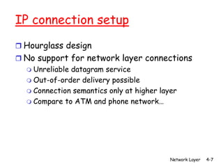 IP connection setup
r Hourglass design
r No support for network layer connections
  m Unreliable datagram service
  m Out-of-order delivery possible
  m Connection semantics only at higher layer
  m Compare to ATM and phone network…




                                       Network Layer   4-7
 