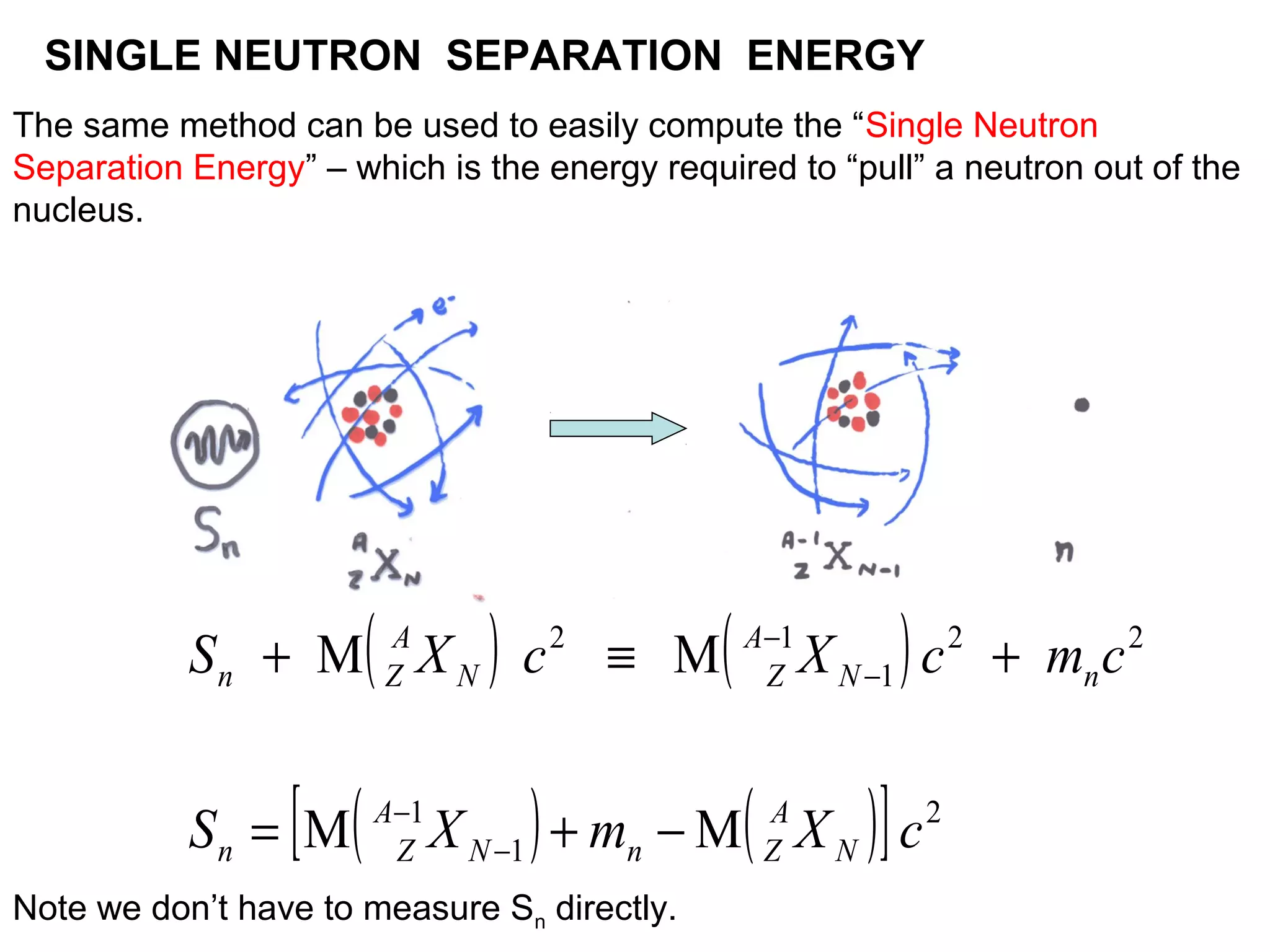 SINGLE NEUTRON SEPARATION ENERGY 
The same method can be used to easily compute the “Single Neutron 
Separation Energy” – which is the energy required to “pull” a neutron out of the 
nucleus. 
( ) ( ) 
[ ( ) ( )] 2 
S + M X c º M 
X c + 
m c 
S X m X c 
1 
1 
2 2 
1 
2 1 
M M 
N 
A 
N n Z 
A 
n Z 
N n 
A 
N Z 
A 
n Z 
= + - 
- 
- 
- 
- 
Note we don’t have to measure Sn directly. 
 