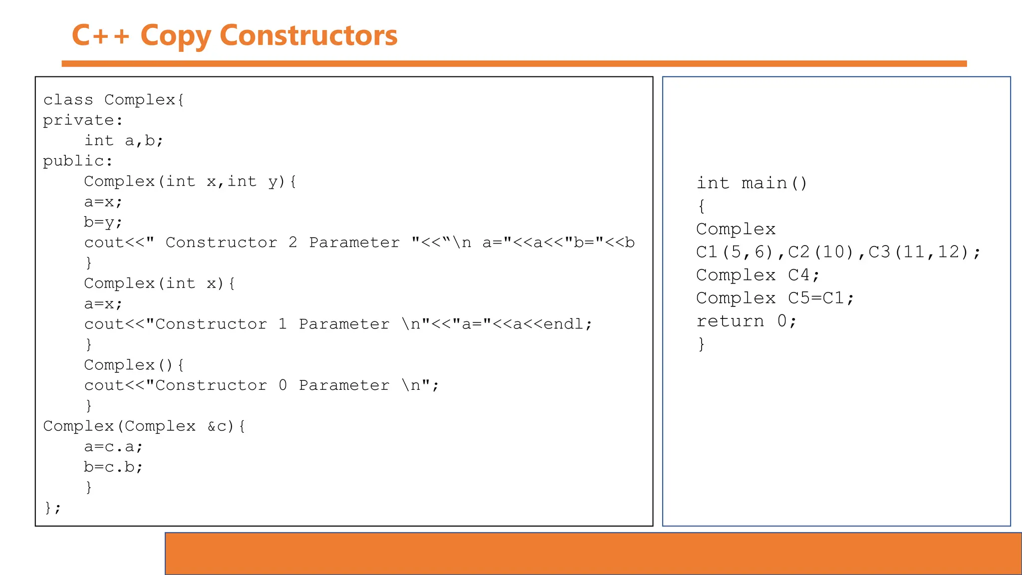 C++ Copy Constructors
class Complex{
private:
int a,b;
public:
Complex(int x,int y){
a=x;
b=y;
cout<<" Constructor 2 Parameter "<<“n a="<<a<<"b="<<b
}
Complex(int x){
a=x;
cout<<"Constructor 1 Parameter n"<<"a="<<a<<endl;
}
Complex(){
cout<<"Constructor 0 Parameter n";
}
Complex(Complex &c){
a=c.a;
b=c.b;
}
};
int main()
{
Complex
C1(5,6),C2(10),C3(11,12);
Complex C4;
Complex C5=C1;
return 0;
}
 