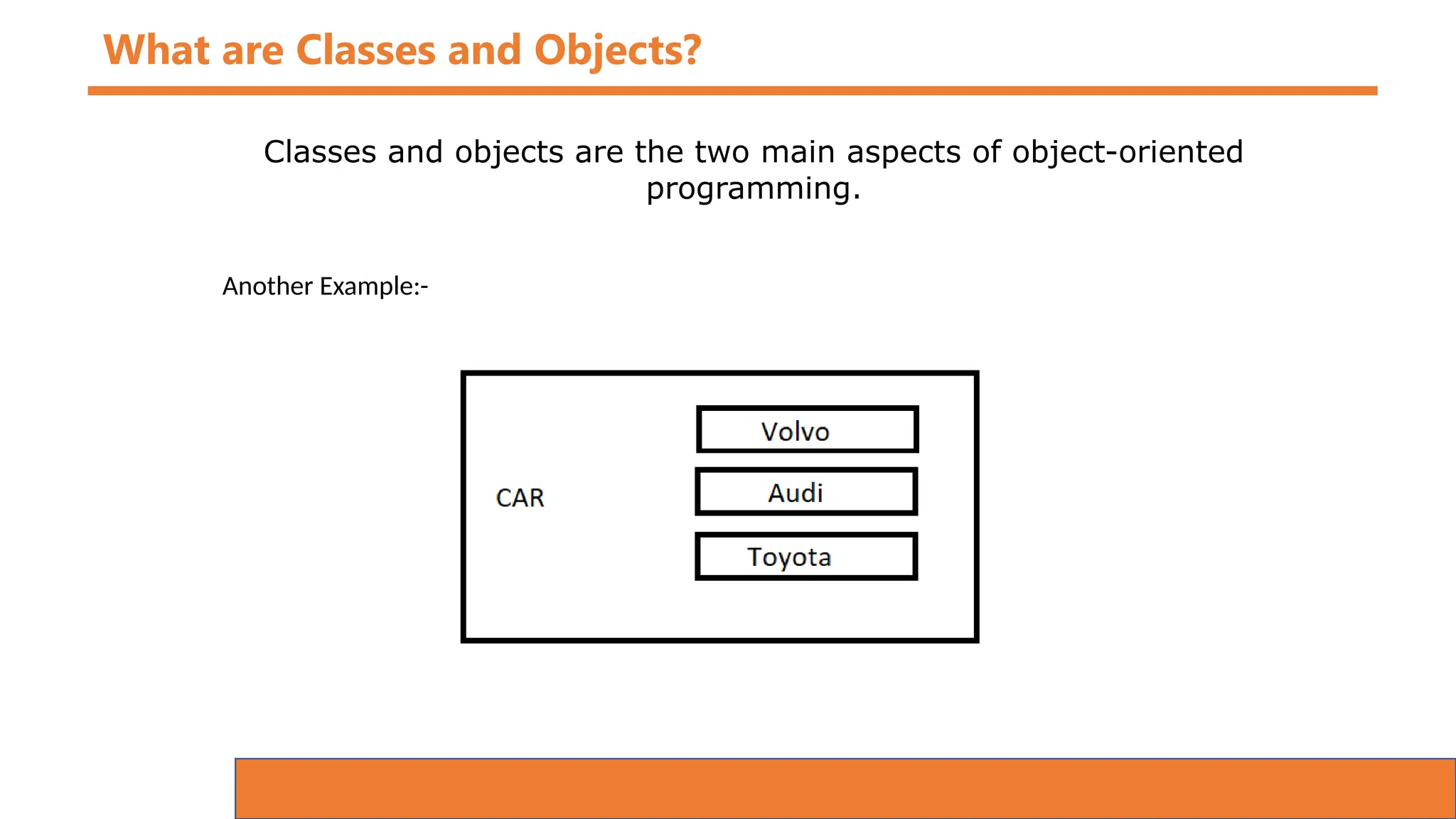 What are Classes and Objects?
Classes and objects are the two main aspects of object-oriented
programming.
Another Example:-
 