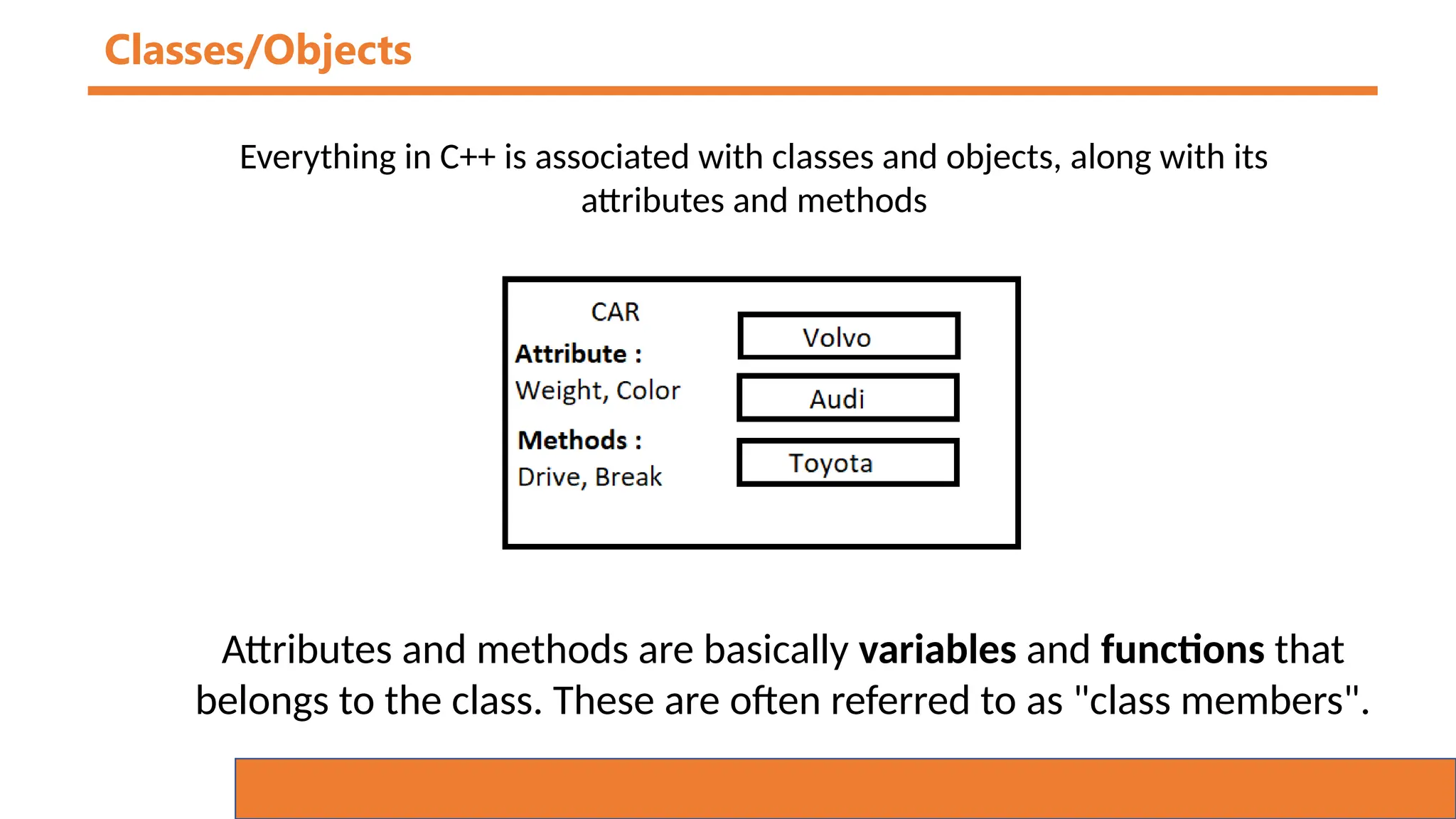 Classes/Objects
Everything in C++ is associated with classes and objects, along with its
attributes and methods
Attributes and methods are basically variables and functions that
belongs to the class. These are often referred to as "class members".
 
