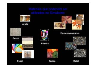 Materiais que poderiam ser
                  utilizados no Simulacro:


        Argila



                                         Elementos naturais

Gesso

                         Plástico




   Papel                        Tecido               Metal
 