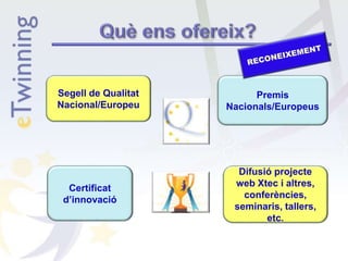 Segell de Qualitat
Nacional/Europeu
Premis
Nacionals/Europeus
Certificat
d’innovació
Difusió projecte
web Xtec i altres,
conferències,
seminaris, tallers,
etc.
 