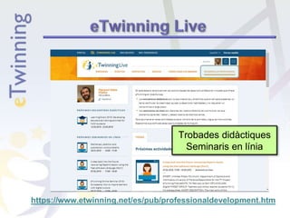 Trobades didàctiques
Seminaris en línia
https://www.etwinning.net/es/pub/professionaldevelopment.htm
 