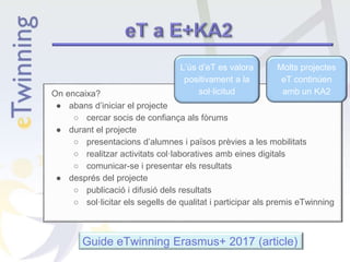 On encaixa?
● abans d’iniciar el projecte
○ cercar socis de confiança als fòrums
● durant el projecte
○ presentacions d’alumnes i països prèvies a les mobilitats
○ realitzar activitats col·laboratives amb eines digitals
○ comunicar-se i presentar els resultats
● després del projecte
○ publicació i difusió dels resultats
○ sol·licitar els segells de qualitat i participar als premis eTwinning
L’ús d’eT es valora
positivament a la
sol·licitud
Molts projectes
eT continúen
amb un KA2
Guide eTwinning Erasmus+ 2017 (article)
 