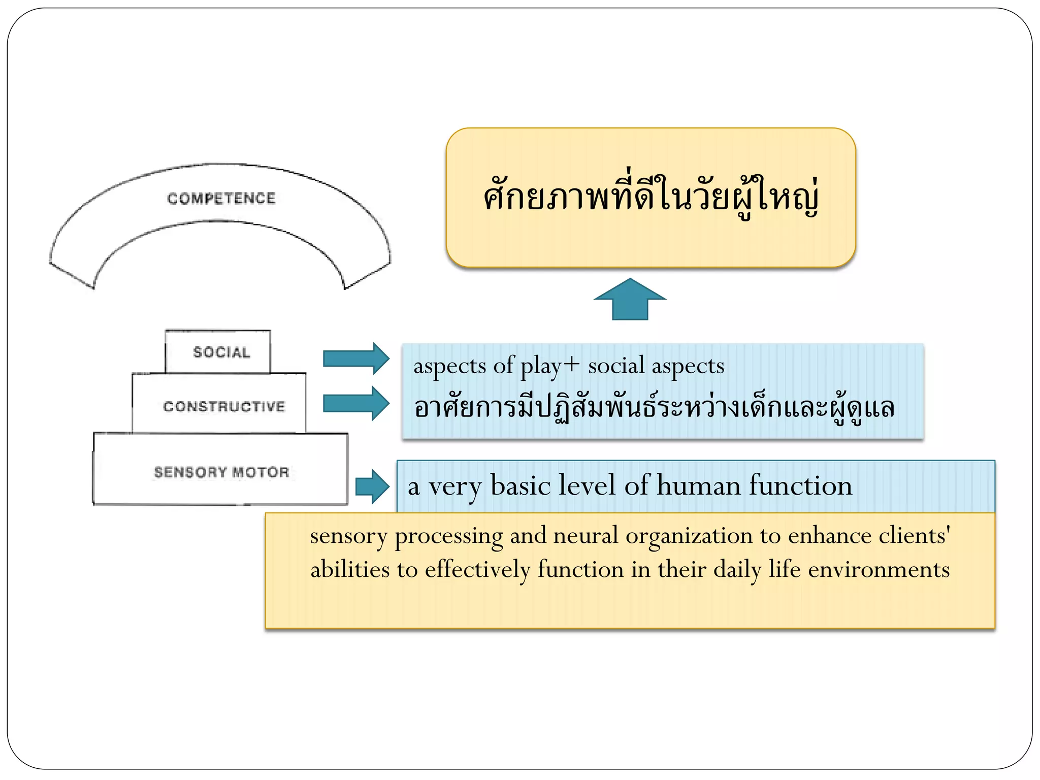 a very basic level of human function
sensory processing and neural organization to enhance clients'
abilities to effectively function in their daily life environments
aspects of play+ social aspects
อาศัยการมีปฏิสัมพันธ์ระหว่างเด็กและผู้ดูแล
ศักยภาพที่ดีในวัยผู้ใหญ่
 