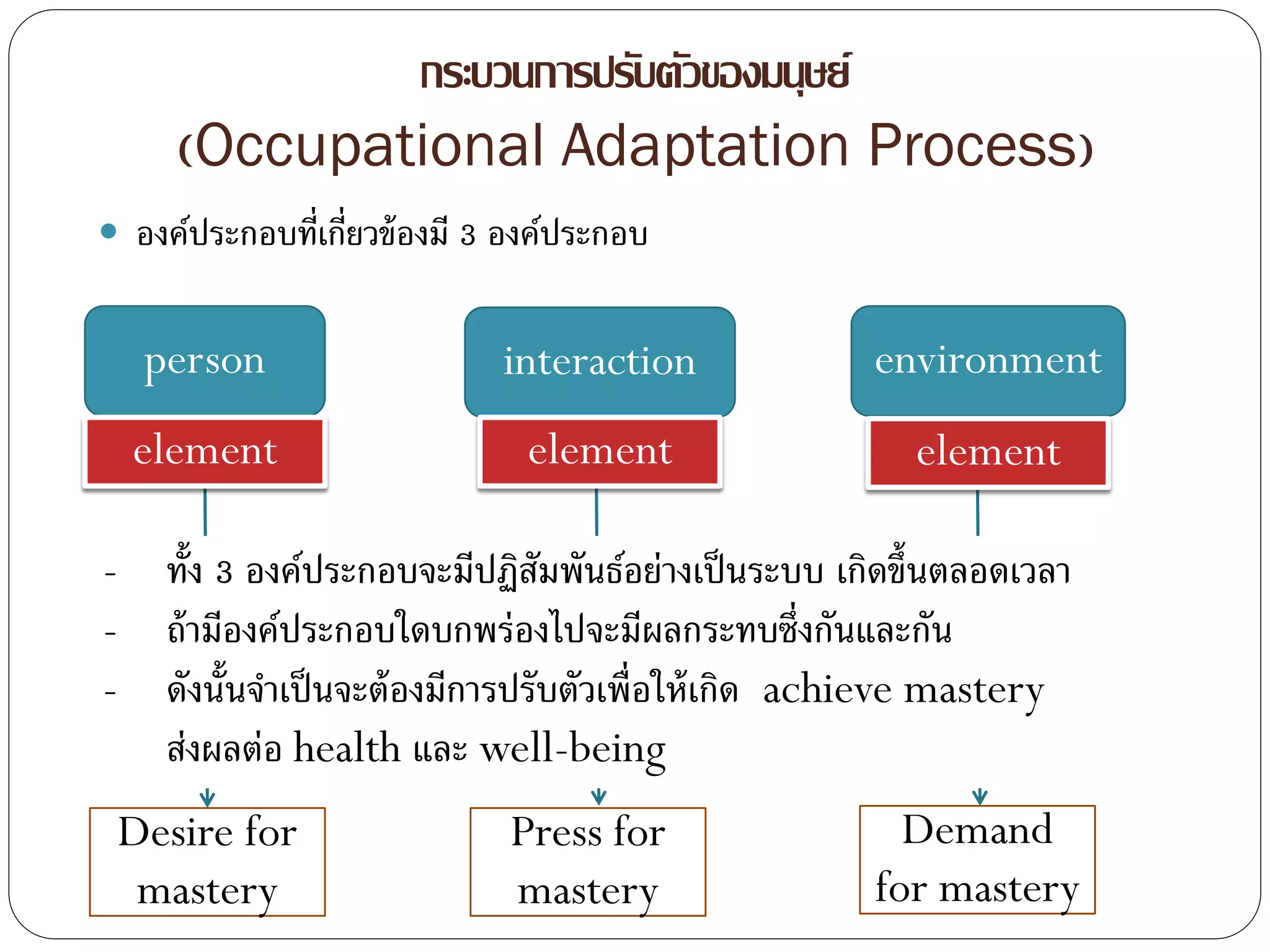 Desire for
mastery
Press for
mastery
Demand
for mastery
กระบวนการปรับตัวของมนุษย์
(Occupational Adaptation Process)
 องค์ประกอบที่เกี่ยวข้องมี 3 องค์ประกอบ
environmentinteractionperson
element element element
- ทั้ง 3 องค์ประกอบจะมีปฏิสัมพันธ์อย่างเป็นระบบ เกิดขึ้นตลอดเวลา
- ถ้ามีองค์ประกอบใดบกพร่องไปจะมีผลกระทบซึ่งกันและกัน
- ดังนั้นจาเป็นจะต้องมีการปรับตัวเพื่อให้เกิด achieve mastery
ส่งผลต่อ health และ well-being
 