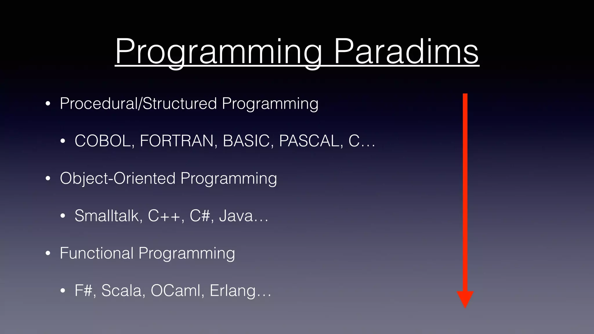Programming Paradims
• Procedural/Structured Programming
• COBOL, FORTRAN, BASIC, PASCAL, C…
• Object-Oriented Programming
• Smalltalk, C++, C#, Java…
• Functional Programming
• F#, Scala, OCaml, Erlang…
 