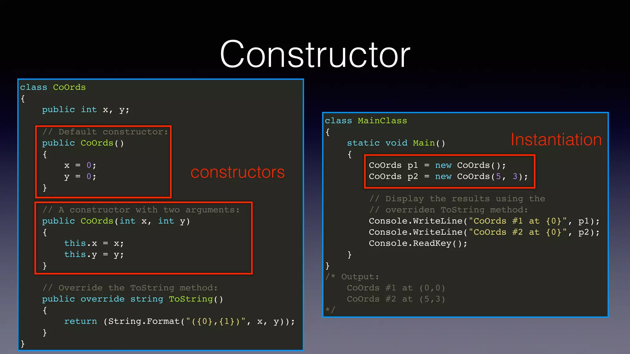 Constructor
class CoOrds
{
public int x, y;
// Default constructor:
public CoOrds()
{
x = 0;
y = 0;
}
// A constructor with two arguments:
public CoOrds(int x, int y)
{
this.x = x;
this.y = y;
}
// Override the ToString method:
public override string ToString()
{
return (String.Format("({0},{1})", x, y));
}
}
class MainClass
{
static void Main()
{
CoOrds p1 = new CoOrds();
CoOrds p2 = new CoOrds(5, 3);
// Display the results using the
// overriden ToString method:
Console.WriteLine("CoOrds #1 at {0}", p1);
Console.WriteLine("CoOrds #2 at {0}", p2);
Console.ReadKey();
}
}
/* Output:
CoOrds #1 at (0,0)
CoOrds #2 at (5,3)
*/
Instantiation
constructors
 