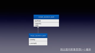 HOME_SEARCH_BAR
- textField
+ search()
+ init()
PAGE_SEARCH_BAR
- overlay
+ prompt()
( )
 
