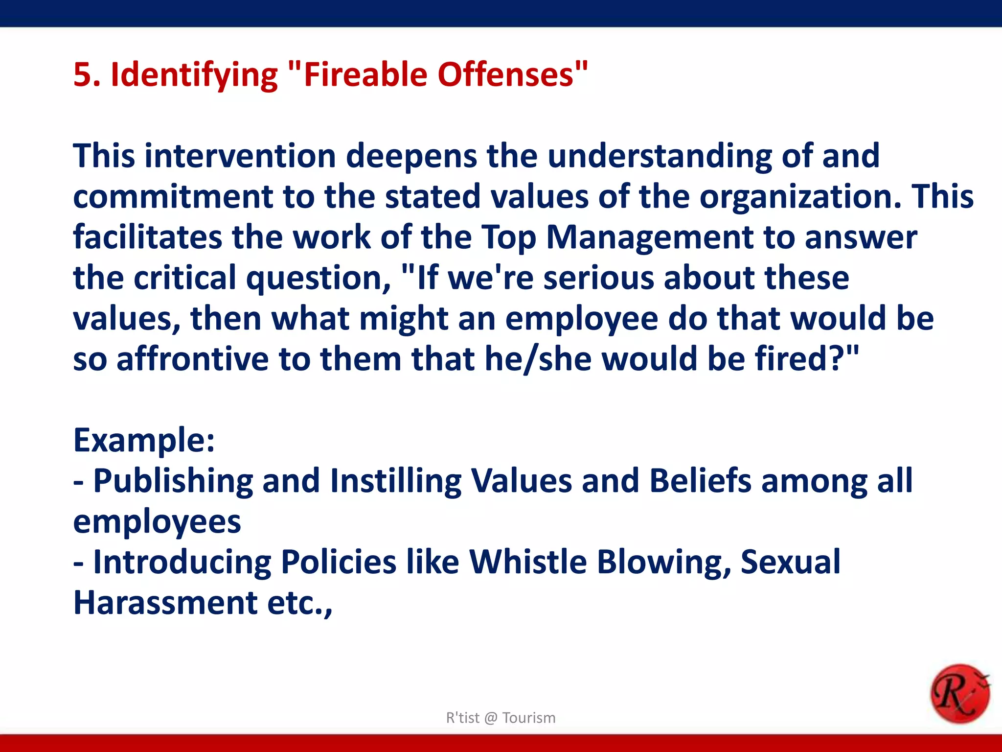 5. Identifying "Fireable Offenses"

This intervention deepens the understanding of and
commitment to the stated values of the organization. This
facilitates the work of the Top Management to answer
the critical question, "If we're serious about these
values, then what might an employee do that would be
so affrontive to them that he/she would be fired?"

Example:
- Publishing and Instilling Values and Beliefs among all
employees
- Introducing Policies like Whistle Blowing, Sexual
Harassment etc.,

                        R'tist @ Tourism
 