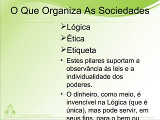 O Que Organiza As Sociedades
Lógica
Ética
Etiqueta
• Estes pilares suportam a
observância às leis e a
individualidade dos
poderes.
• O dinheiro, como meio, é
invencível na Lógica (que é
única), mas pode servir, em
 