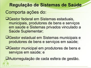 Regulação de Sistemas de Saúde
Comporta ações do:
Gestor federal em Sistemas estaduais,
municipais, produtores de bens e serviços
em saúde e Sistemas privados vinculado a
Saúde Suplementar;
Gestor estadual em Sistemas municipais e
produtores de bens e serviços em saúde;
Gestor municipal em produtores de bens e
serviços em saúde; e
Autorregulação de cada esfera de gestão.
 