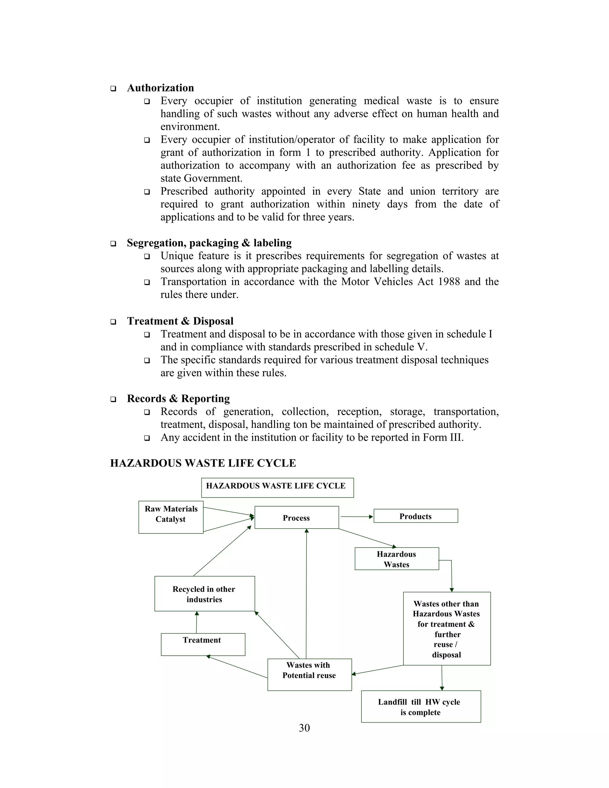 30
Authorization
Every occupier of institution generating medical waste is to ensure
handling of such wastes without any adverse effect on human health and
environment.
Every occupier of institution/operator of facility to make application for
grant of authorization in form 1 to prescribed authority. Application for
authorization to accompany with an authorization fee as prescribed by
state Government.
Prescribed authority appointed in every State and union territory are
required to grant authorization within ninety days from the date of
applications and to be valid for three years.
Segregation, packaging & labeling
Unique feature is it prescribes requirements for segregation of wastes at
sources along with appropriate packaging and labelling details.
Transportation in accordance with the Motor Vehicles Act 1988 and the
rules there under.
Treatment & Disposal
Treatment and disposal to be in accordance with those given in schedule I
and in compliance with standards prescribed in schedule V.
The specific standards required for various treatment disposal techniques
are given within these rules.
Records & Reporting
Records of generation, collection, reception, storage, transportation,
treatment, disposal, handling ton be maintained of prescribed authority.
Any accident in the institution or facility to be reported in Form III.
HAZARDOUS WASTE LIFE CYCLE
HAZARDOUS WASTE LIFE CYCLE
Process
Raw Materials
Catalyst Products
Hazardous
Wastes
Wastes other than
Hazardous Wastes
for treatment &
further
reuse /
disposal
Recycled in other
industries
Treatment
Wastes with
Potential reuse
Landfill till HW cycle
is complete
 