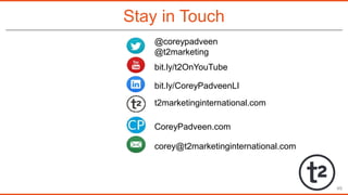 Stay in Touch
49
bit.ly/t2OnYouTube
bit.ly/CoreyPadveenLI
t2marketinginternational.com
CoreyPadveen.com
corey@t2marketingi...