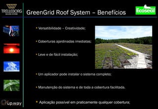 GreenGrid Roof System – Benefícios

    Versatibilidade – Creatividade;


    Coberturas ajardinadas imediatas;


    Leve e de fácil instalação;




    Um aplicador pode instalar o sistema completo;


    Manutenção do sistema e de toda a cobertura facilitada.



    Aplicação possível em praticamente qualquer cobertura;
 